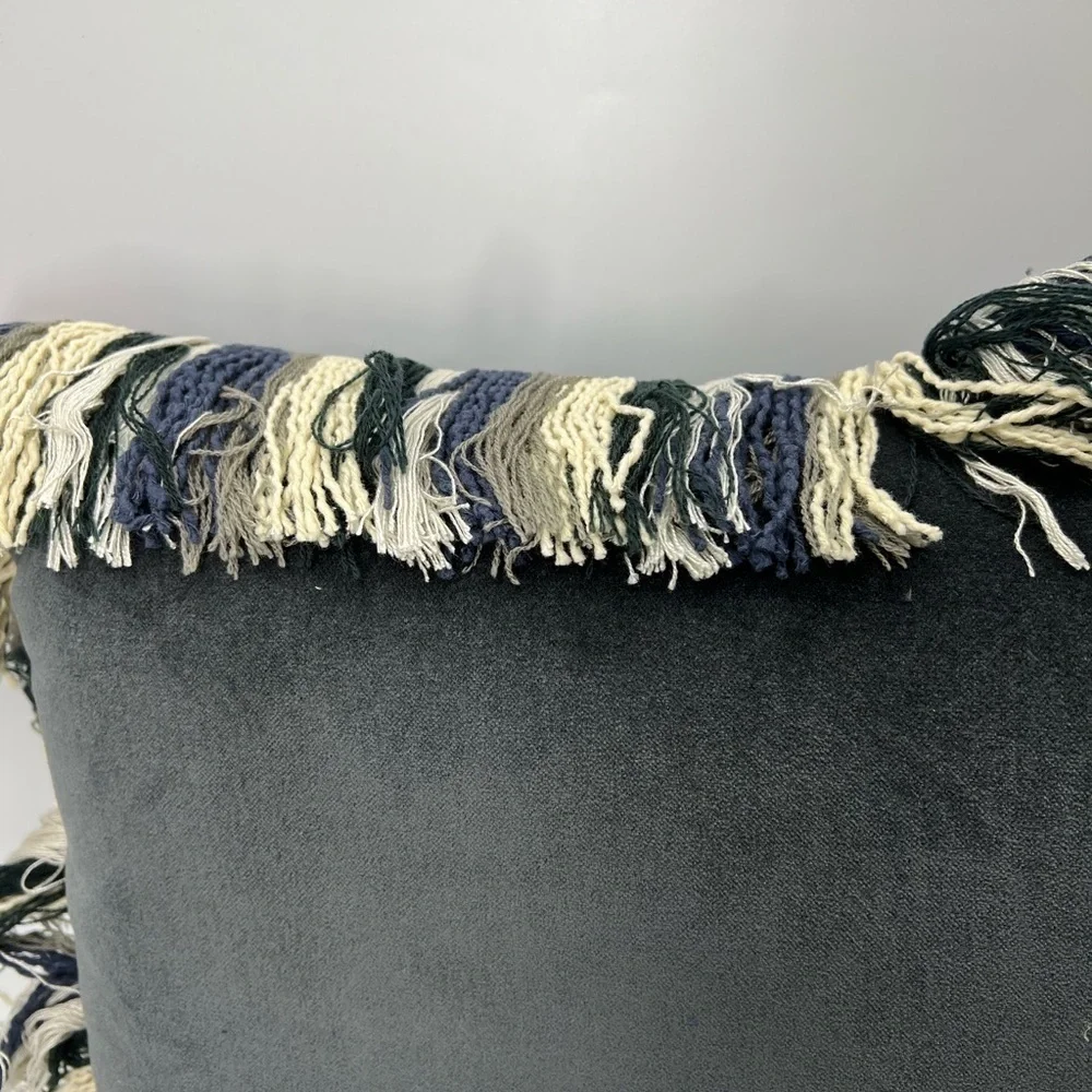 NWT Opal House Dark Gray Velvet Pillow with Fringe 17in.x 17in